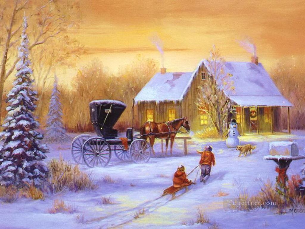 Christmas carriage with horse and kids with dog snowing Oil Paintings